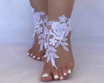 Beach Wedding Barefoot Sandals, Bridesmaid Gift, White Lace Barefoot Sandals, Wedding Anklets, Wrist Sandals, Embroidered Sandals