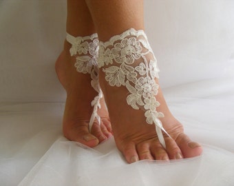 Ivory Lace Barefoot Sandals, Beach Wedding Sandals,Wedding Anklets, Summer Wear, Wrist Lace Sandals, FrenchLace Sandals, Embroidered Sandals