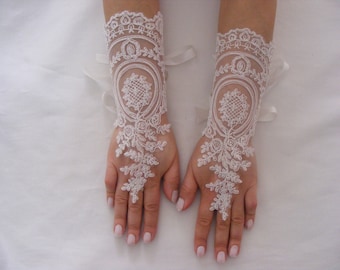 Lace Handmade Long Fingerless Wedding Gloves With Silk Ribbons