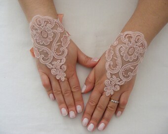 Soft Pink Peach Coulored Lace Handmade Medium Lenght Fingerless Wedding Gloves With Silk Ribbon