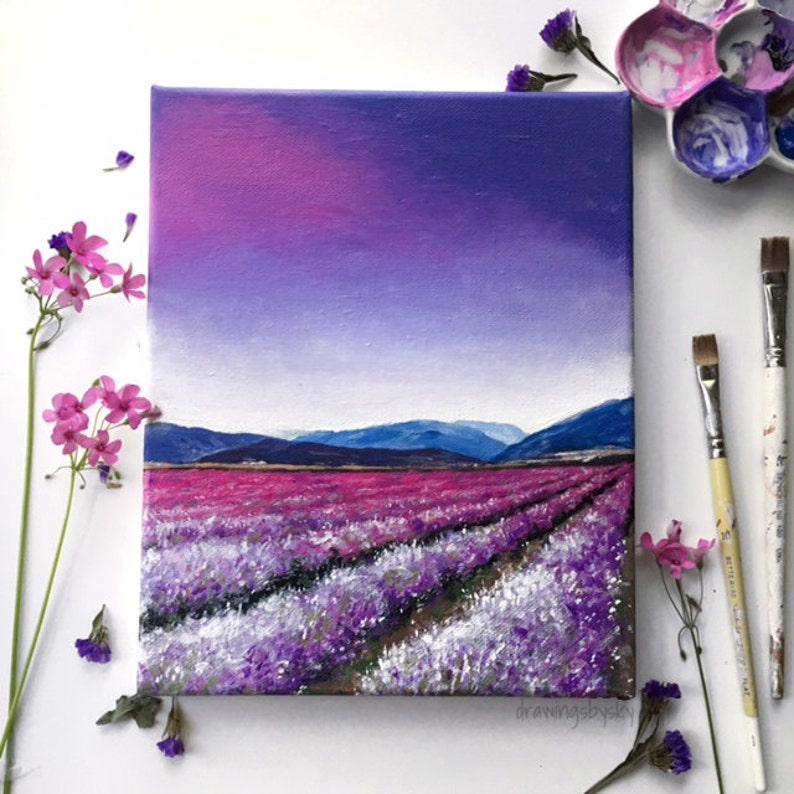 Lavender Field Acrylic Painting Art Print 8x10 Purple Flower Etsy