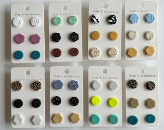CLAY EARRINGS + mixed shape stud packs + lightweight + hypoallergenic + handmade + statement earring