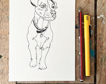 Custom pet portrait line drawing of your dog or cat, hand drawn by me an artist from my kitchen table at home! A5 size 6x8 inches.