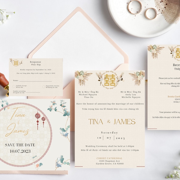 English and Vietnamese Bilingual Wedding Invitation Card Template - DIY Editable - Printable