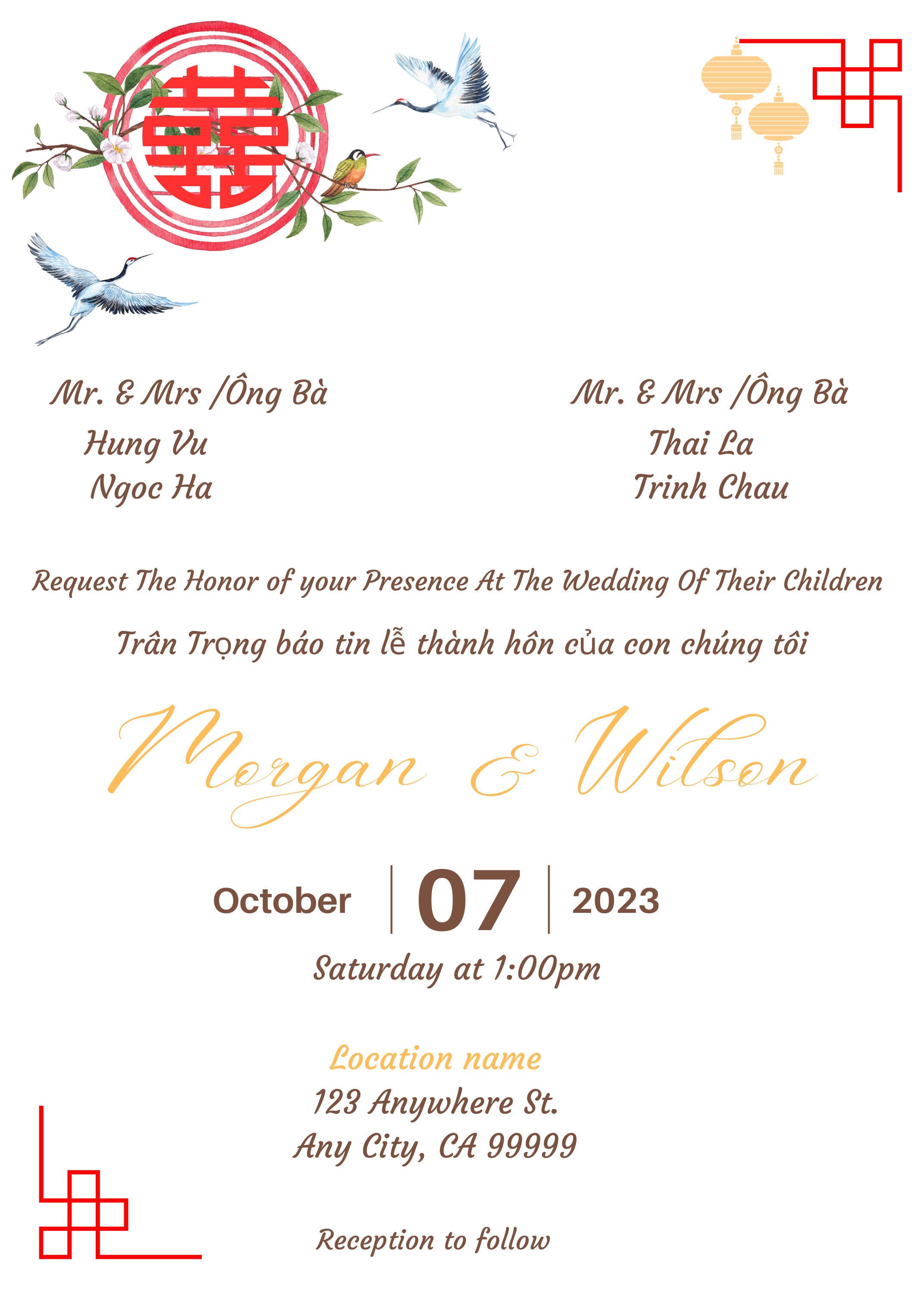 Vietnamese English Wedding Invitations English and Vietnamese Bilingual Wedding Invitation Card Template DIY