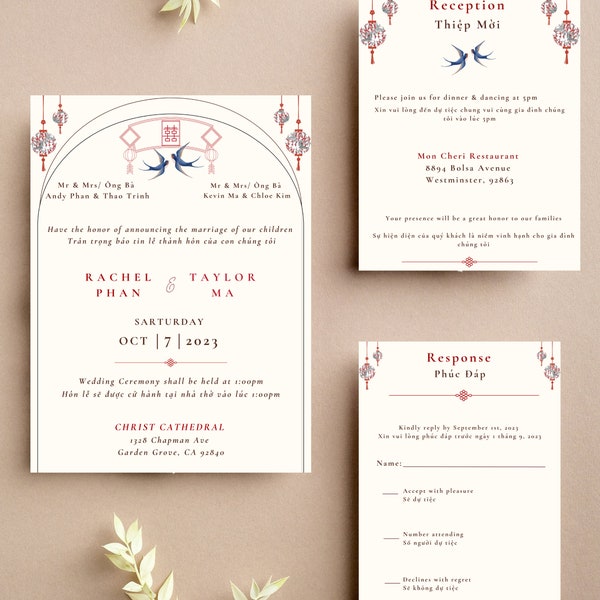 English and Vietnamese Bilingual Wedding Invitation Card Template - DIY Printable