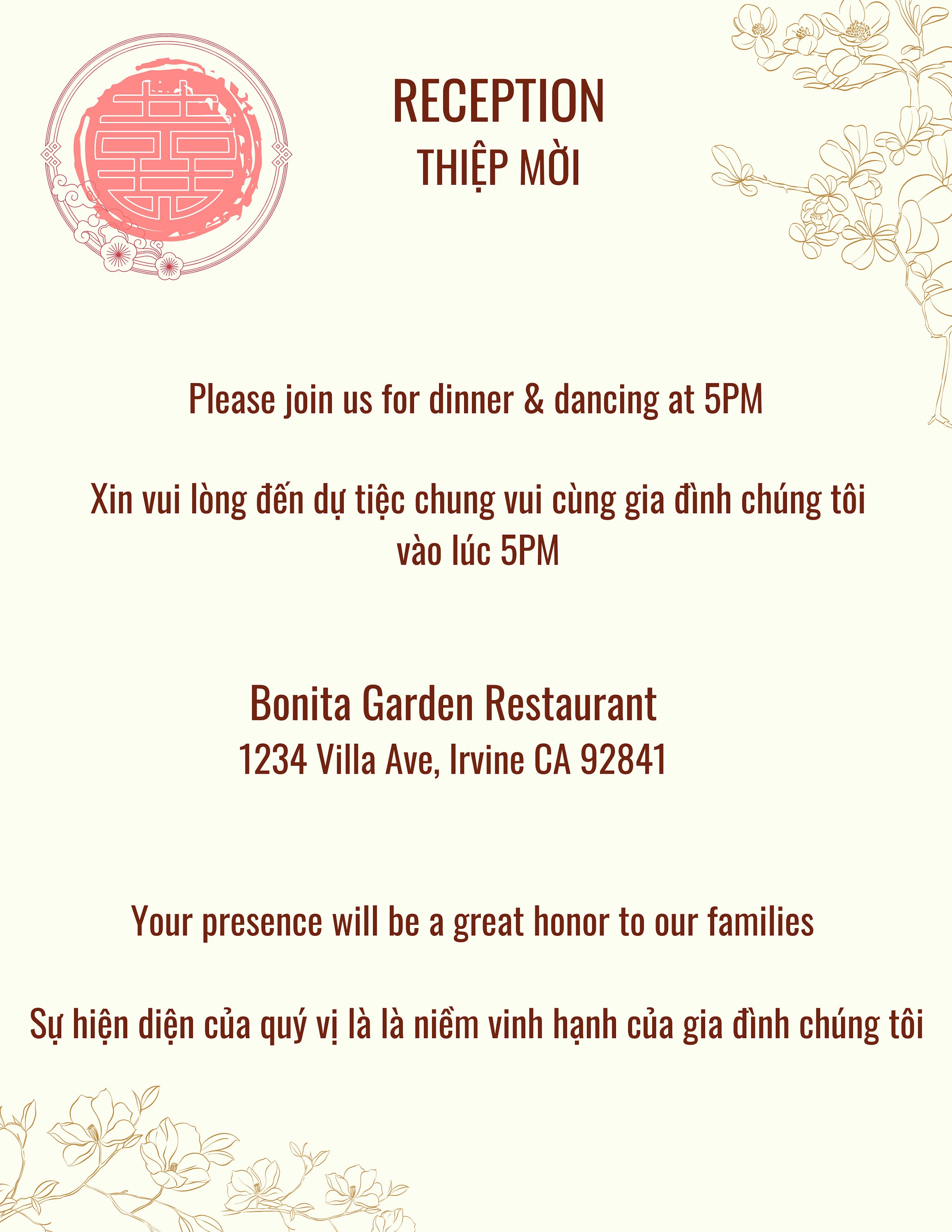 Vietnamese English Wedding Invitations English and Vietnamese Bilingual Wedding Invitation Card Template DIY
