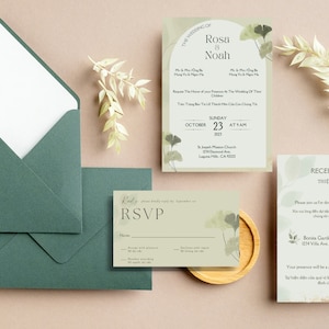 Englisch und Vietnamesisch zweisprachige Hochzeitseinladungskartenvorlage - Grünes Thema - DIY Printable