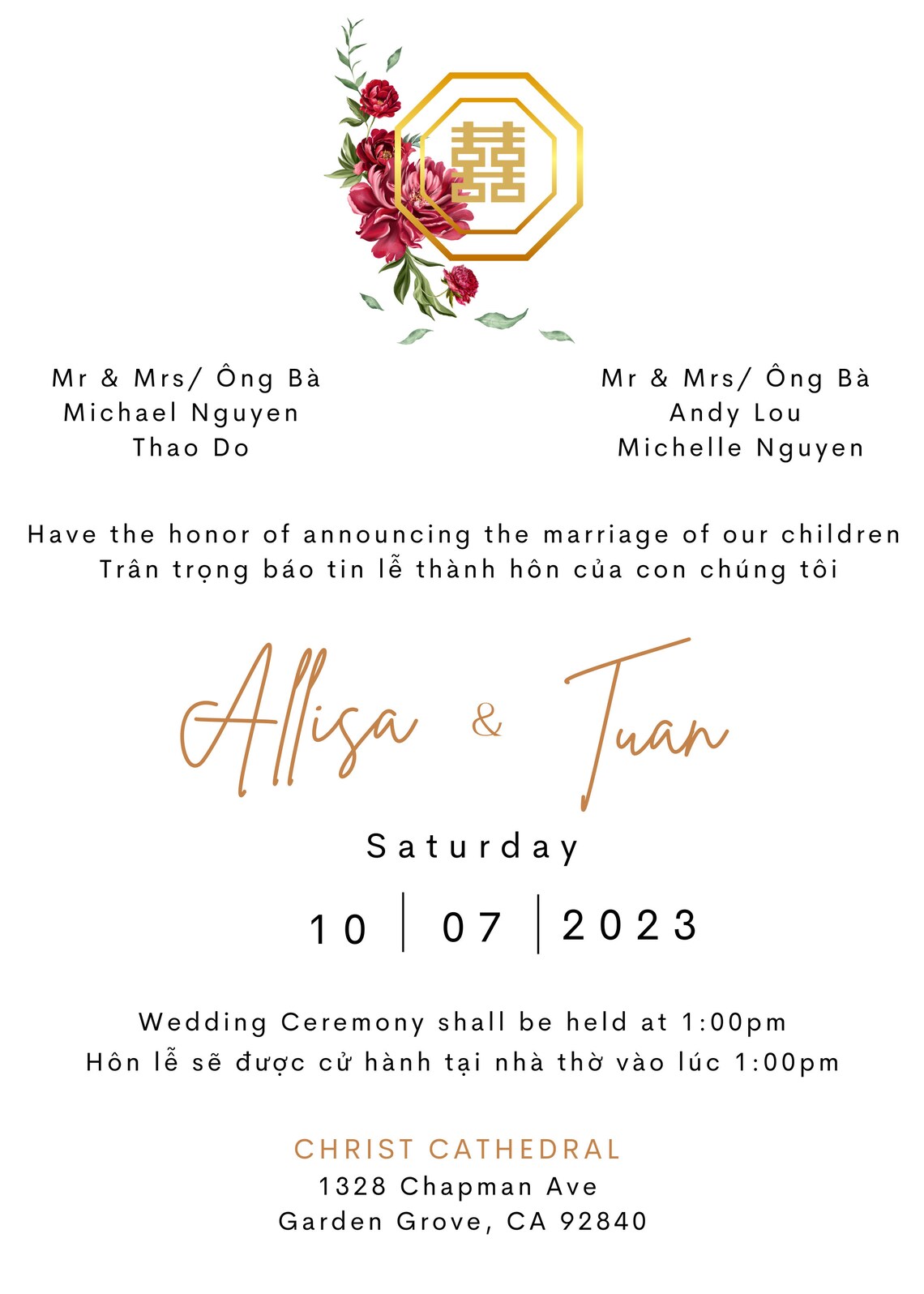 Vietnamese English Wedding Invitations English and Vietnamese Bilingual Wedding Invitation Card Template DIY