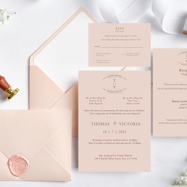 English and Vietnamese Bilingual Wedding Invitation Card Template - DIY Printable