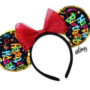 Sparkly Birthday Minnie Mouse Ears: Sequin Bow, Multicolor Trim