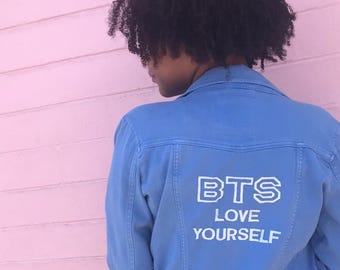 BTS "Love Yourself" Small Medium Blue Denim Jacket ~ Embroidered Pastel Goth Tumblr Kawaii Cute Aesthetic Jimin Jin RM Jungkook Jhope Suga V