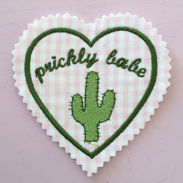 Green Embroidered "prickly babe" Cactus Succulent Heart Patch on Pastel Pink Gingham Canvas ~ Cute QT DIY Feminist Body Positive Hairy Grrrl