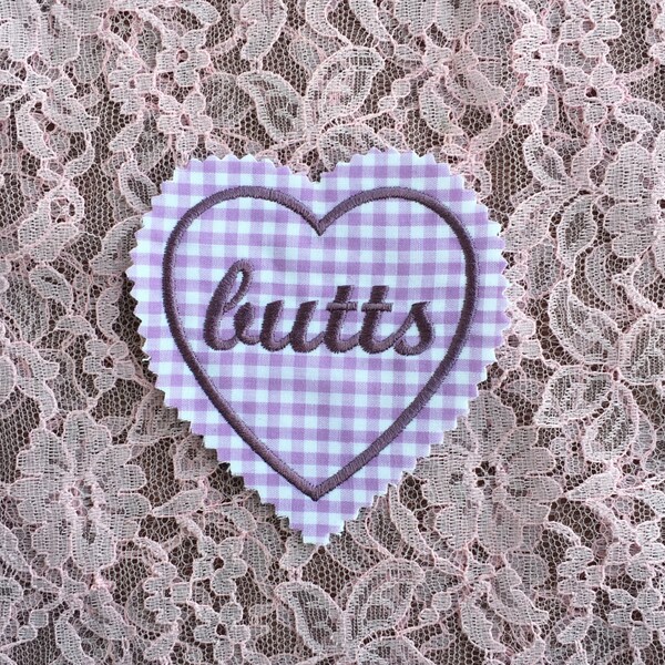 Purple Embroidered "butts" Iron-On Sew-On Heart Patch on Pastel Lavender Gingham Canvas ~ Cutie DIY Feminist Booty Body Posi Riot Grrrl