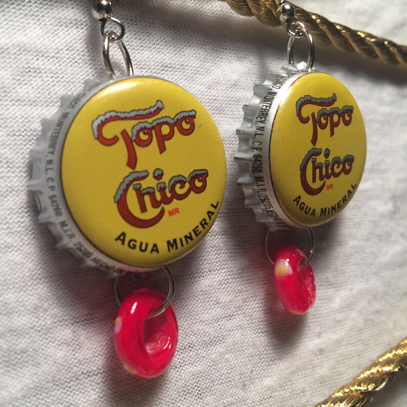Topo Chico Bottle Cap Earrings w/ Donut Beads | Etsy