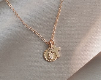 Saint Mary + Cross necklace. 14kt gold filled. Sweet, dainty faith jewelry for her. Tiny Virgin Mary jewelry, Guadalupe icon necklace.
