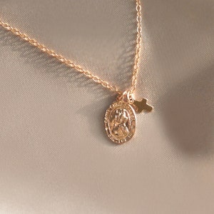 Saint Christopher + Cross necklace. 14KT Gold Filled. Beautiful, detailed, shining St Chris Medal w/ tiny light bouncing cross. Catholic