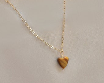 Tiger's Eye Heart Necklace. 14kt gold filled or sterling silver sparkling. Dainty minimalist gemstone jewelry. Solar Plexus. Balancing stone
