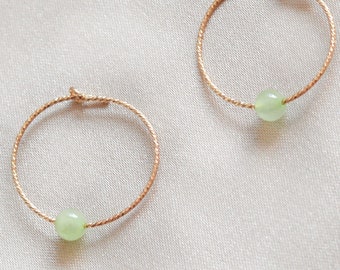 Jade Bead Sparkle Hoop Earrings. Gem / Mineral Hoops, PAIR of 14KT Gold filled gemstone hoop earrings. Diamond-cut small hoop jewelry.
