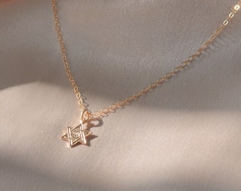 Star of David necklace. 14KT gold filled. Judaism. Shield of David. Judaica. Magen David. Jewish symbol jewelry. Hebrew inscribed necklace.