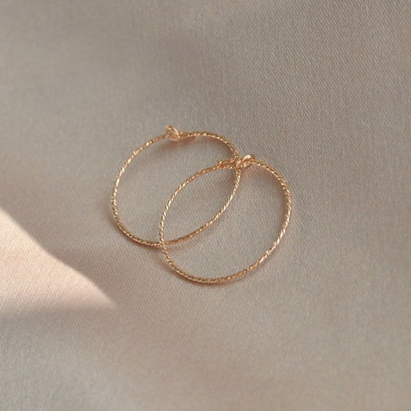 Sparkle Hoops, 14KT Gold Filled. Delicate diamond cut golden hoop earrings. Thin / slim minimalist inch hoops. Sleek chic sparkly earrings.