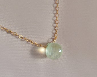 Prehnite necklace. 14kt gold filled or sterling silver. Teardrop chalcedony gemstone. Stone of unconditional love. Natural raw green gem.