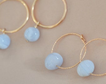 Blue Lace Agate earrings. 14kt gold filled, sterling silver dangle drop hoop earring. Sparkle wire hoops. Light blue natural mineral jewelry