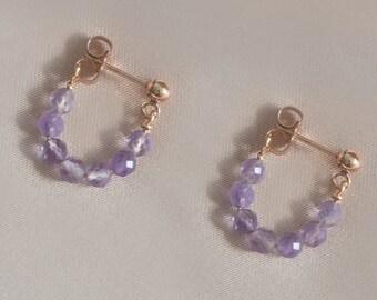 Amethyst Mini Hoop Earrings. Faceted lavender amethyst gemstone earring. Dainty huggie hoops. February birthstone birthday jewelry for her.