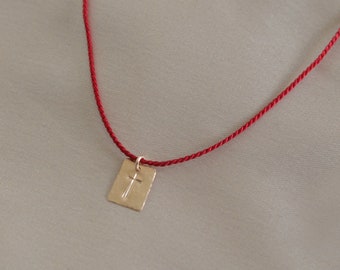 Cross Red String Necklace. 14KT gold filled + real silk. Multiple silk color options. Faith folk custom tradition jewelry. Scapular style