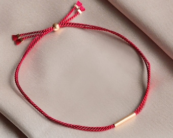 Red String Bracelet. Silk, 14KT Gold Filled. Time honored talisman for protection + faith + luck, ward off Evil Eye. Fine jewel red silk.