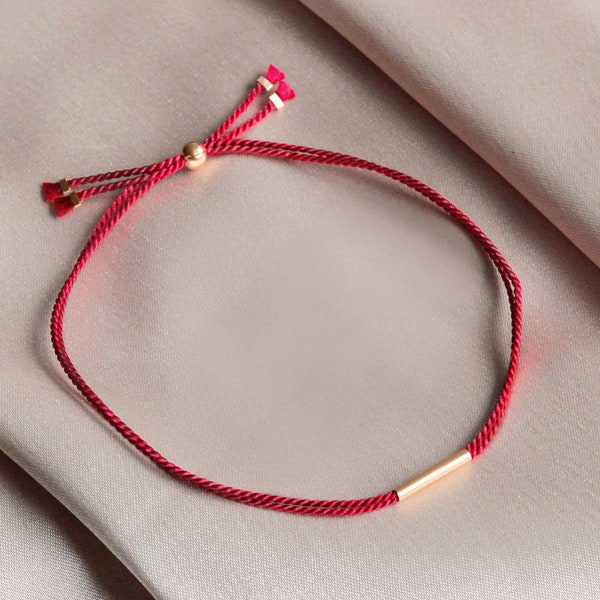 Red String Bracelet. Silk, 14KT Gold Filled. Time honored talisman for protection + faith + luck, ward off Evil Eye. Fine jewel red silk.