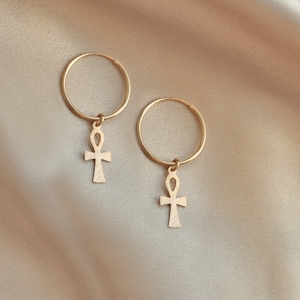 Ankh Hoop Earrings. 14KT Gold filled textured ankh earrings. Ancient Egyptian hieroglyph / Hieroglyphics / Breath of Life. Gold Ankh hoops.