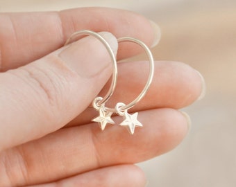 Silver Star Hoop Earrings. Sterling silver bright diamond cut star on hoops. Interchangeable earrings. Twinkly celestial jewelry for her.