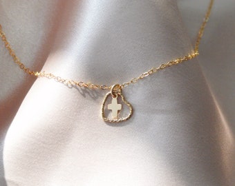 Cross in Sparkle-cut Heart necklace. Fine 14kt gold filled. Religious faith jewelry. Sacred Heart variation necklace. Dainty cross + heart.
