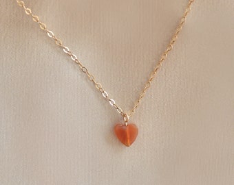 Red Agate Heart Necklace. 14kt gold filled or sterling silver sparkling. Dainty tiny gemstone heart. Root chakra, grounding + vitality stone