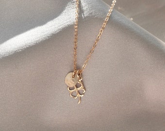 Clover + Initial Coin necklace. 14k gold filled. Delicate minimalist four leaf clover jewelry. Textured custom Initial coin. Lucky charm