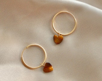 Tiger's Eye heart Hoop earrings. 14KT Gold filled. Natural tiger eye stone. Sweet, elegant gemstone jewelry for her. Solar Plexus Chakra.