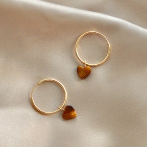 Tiger&#39;s Eye heart Hoop earrings. 14KT Gold filled. Natural tiger eye stone. Sweet, elegant gemstone jewelry for her. Solar Plexus Chakra.