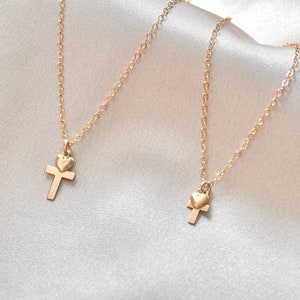 Cross + Heart Necklace. 14kt Gold filled cross jewelry. Two sizes available. Everyday wear jewelry. Catholic Christian Abrahamic faith gift.