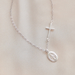 Miraculous Medal Cross necklace. Sterling silver side Cross Virgin Mary oval medallion jewelry. # Blessed Holy Mother Mary Guadalupe