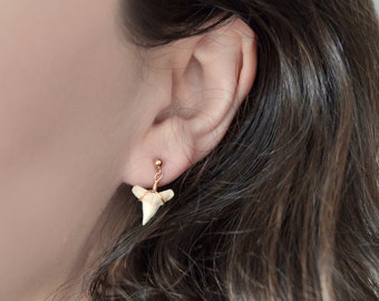 Pendientes colgantes de diente de tiburón. De origen ético y desprendimiento natural. Chapados en oro de 14 kt o plata de ley. Un regalo bohemio y aventurero.