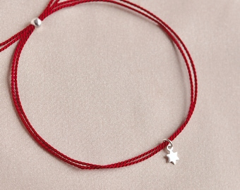 Pulsera de seda de hilo rojo de la Cábala. Plata de ley, joyería de hilo. Misticismo judío. Judaica. Regalo de Bat Bar Mitzvá. Estrella de David Magen.