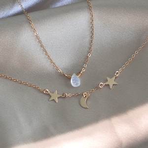 Moonstone Celestial Necklace Set. Genuine 14k gold filled and moonstone jewelry. Moon+stars necklace. Dainty, feminine galaxy themed jewelry