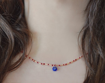 Evil Eye Red String knotted silk necklace. 14KT Gold filled. Protection amulet, talisman. Traditional Nazar bead. Silk strand jewelry.