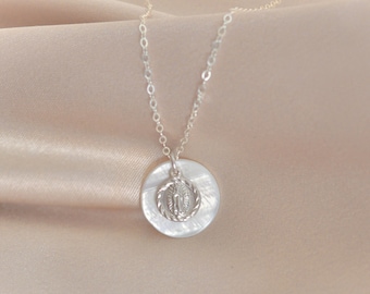 Saint Mary Mother of Pearl Necklace. Sterling Silver or 14kt Gold Filled. Dainty Virgin Mary / Guadalupe jewelry for her, mom, daughter