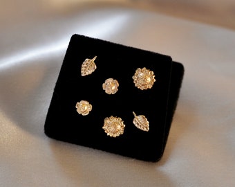 Garden Lover Earring set. Rose, sunflower, leaf studs. 14kt gold filled. Flower / Floral earrings. Nature lovers outdoor enthusiasts' gift.