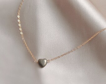Pyrite Heart Necklace. Dainty 14kt gold filled or sterling silver sparkling chain, tiny gemstone heart. Abundance prosperity success stone.