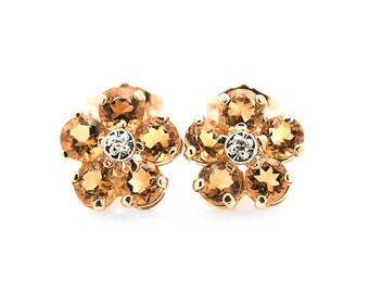 14k gold diamond and citrine floral stud earrings. Vintage. Genuine citrine and diamonds. Solid gold. Graded by GIA standards.