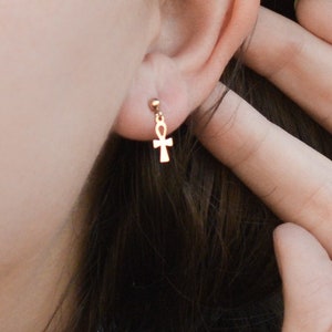 14K GOLD Ankh earrings. Egyptian hieroglyph. crux ansata handled cross hieroglyphics. power of life. key of the nile. bey inspired jewelry