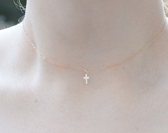 Tiny cross choker necklace. gold filled. dainty mini cross on sparkly chain. fashionable religious faith jewelry. on trend necklace